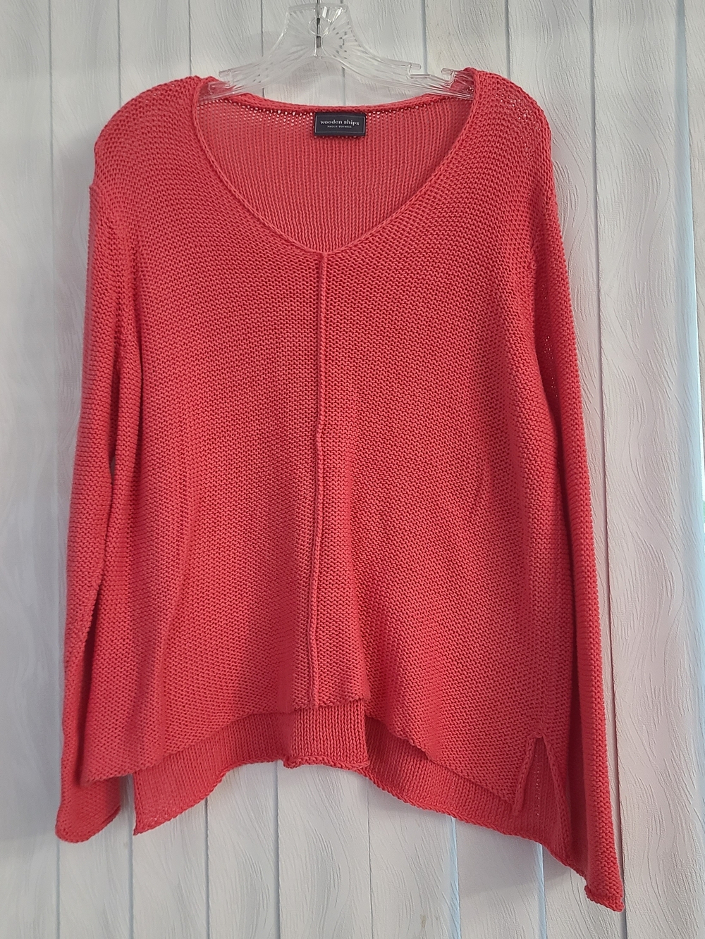 Wooden Ships Womens M/L Pink Coral Solid Loose Knit V-Neck Pullover Sweater